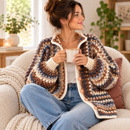 Granny Square Cardigan Crochet Pattern PDF – Oversized Boho Sweater XS–XXL