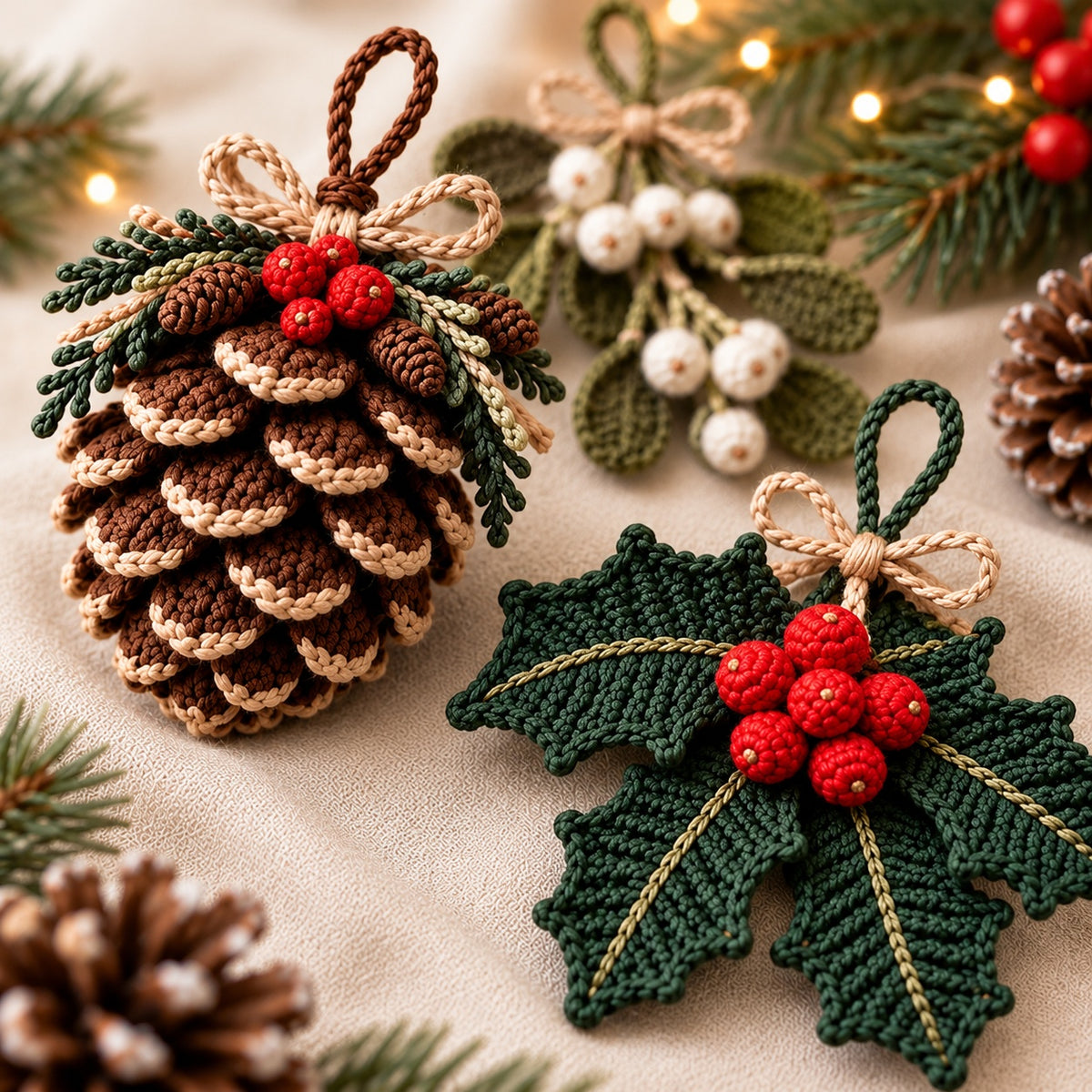 4-in-1 Christmas Botanical Ornament Crochet Pattern Bundle PDF – Pinecone, Spruce, Mistletoe & Holly