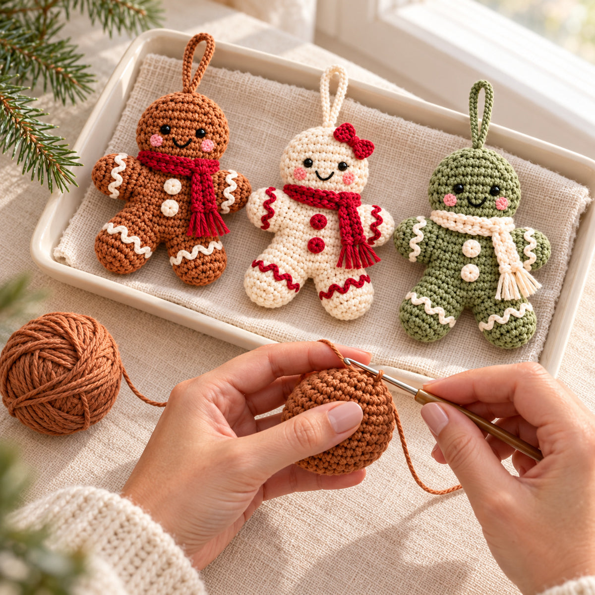 Gingerbread Ornament Crochet Pattern PDF – Scarf, Bow & 3 Colorways