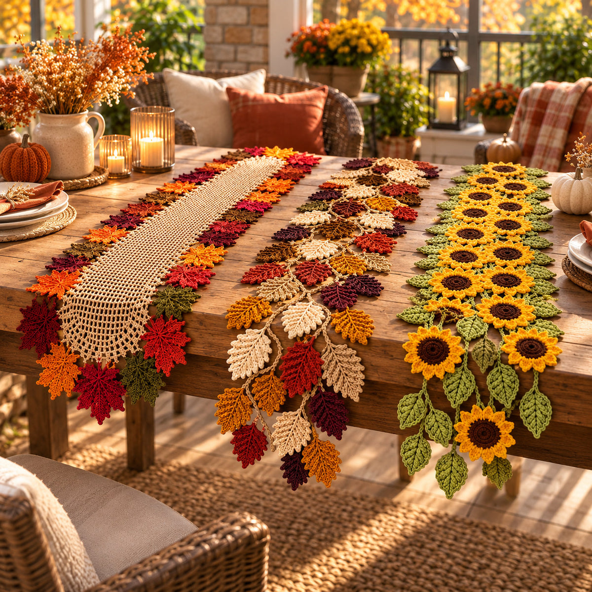 3 Crochet Table Runner Patterns Bundle PDF – Autumn Leaves & Sunflowers