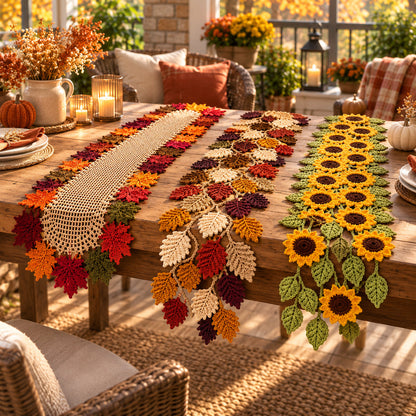 3 Crochet Table Runner Patterns Bundle PDF – Autumn Leaves & Sunflowers