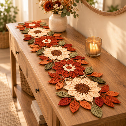 Crochet Table Runner Pattern PDF – Autumn Sunflower-Inspired Floral & Leaf Decor
