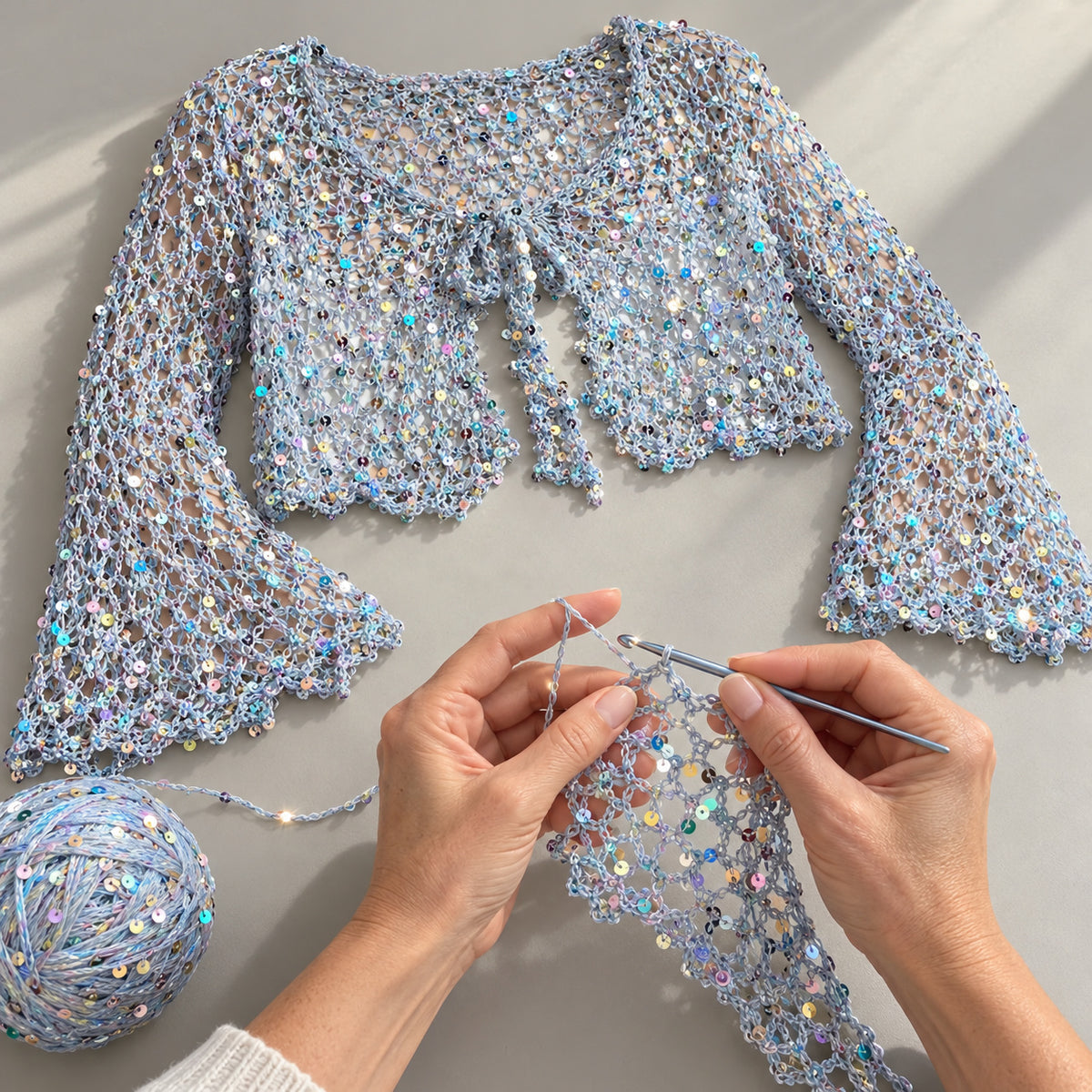 Angel Cardigan Crochet Pattern PDF – Made-to-Measure Sequin Mesh Tie Front