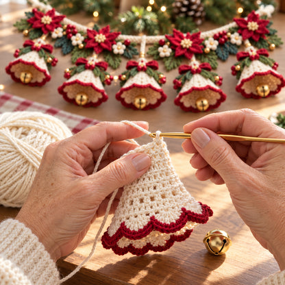 Christmas Bell Garland Crochet Pattern PDF – Poinsettia Holiday Decor