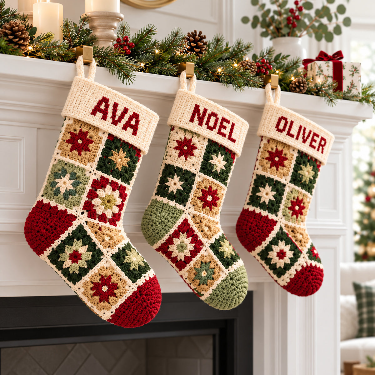 Personalized Granny Square Christmas Stocking Crochet Pattern PDF – 3 Sizes + A–Z Charts