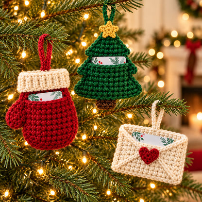3 Christmas Gift Card Holder Crochet Patterns PDF – Heart, Mitten & Tree