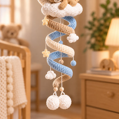 Sleeping Teddy Bear Moon Crochet Pattern PDF – Cloud Spiral Hanging Decor