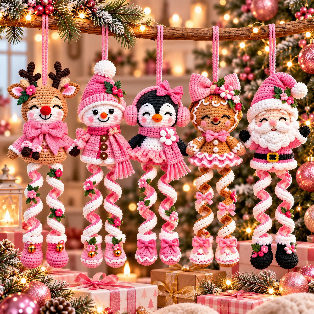5 Christmas Spiral Ornament Crochet Patterns Bundle PDF – Reindeer, Snowman, Penguin, Gingerbread & Santa