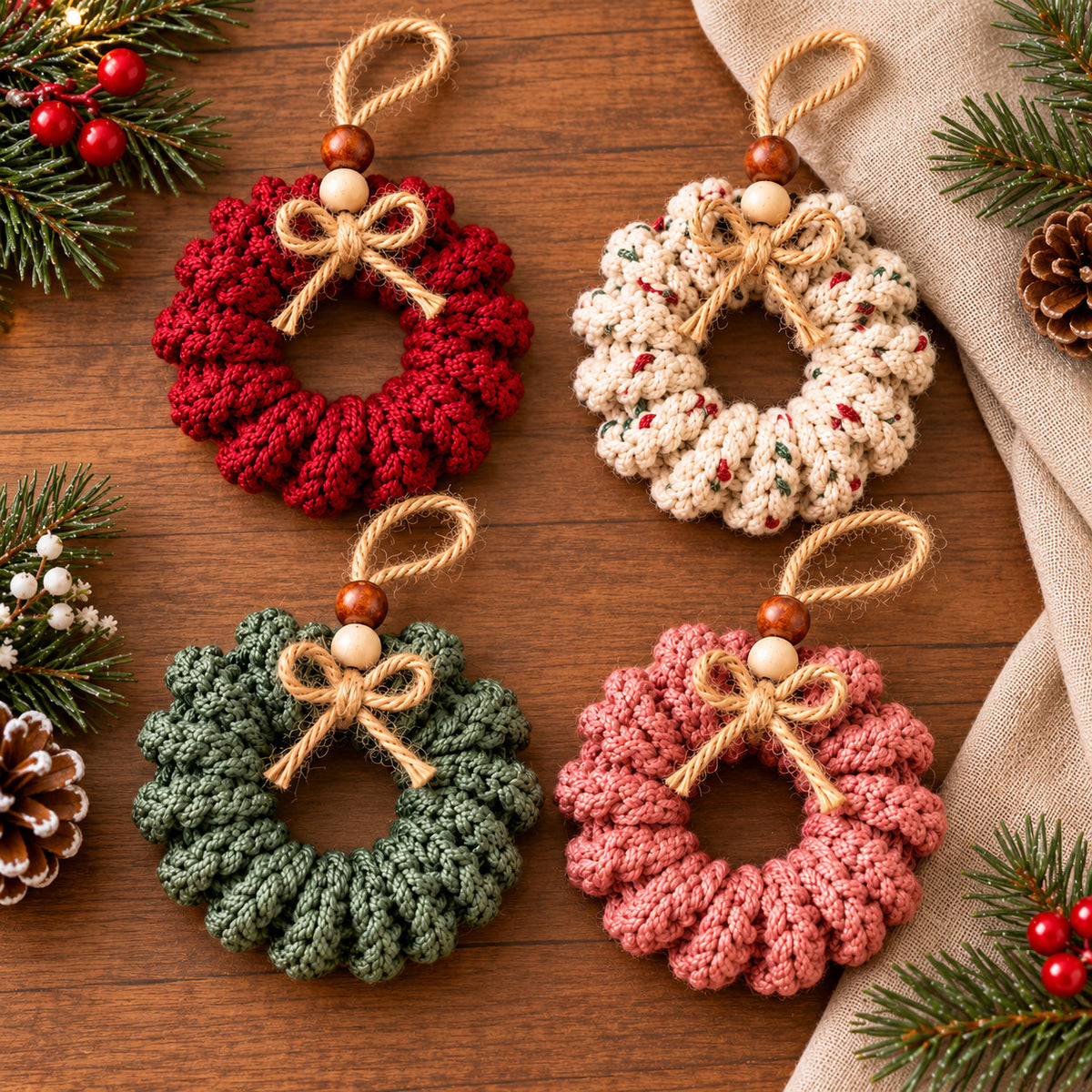 Curly Wreath Crochet Pattern PDF – Rustic Christmas Ornament & Gift Topper