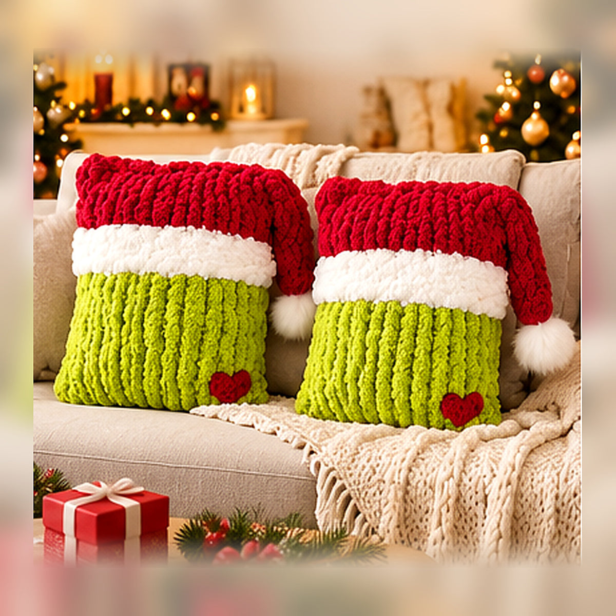 Mischievous Green Santa Pillow Hand Knit Pattern PDF – Chunky Christmas Decor