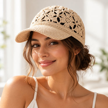 Floral Newsboy Cap Crochet Pattern PDF – Structured Brim Hat + Video Tutorial