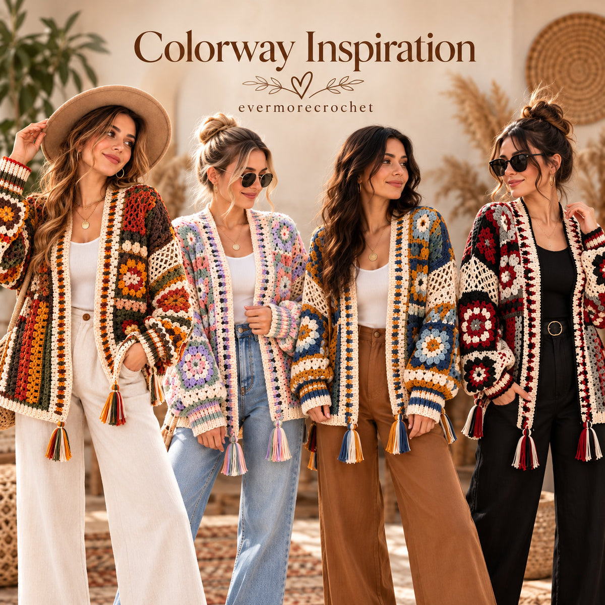 Boho Floral Granny Square Cardigan Crochet Pattern PDF – Lace & Tassel Jacket