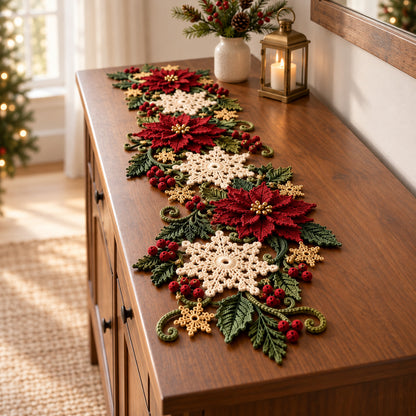 Christmas Poinsettia Snowflake Table Runner Crochet Pattern PDF – 68–72 in Holiday Centerpiece