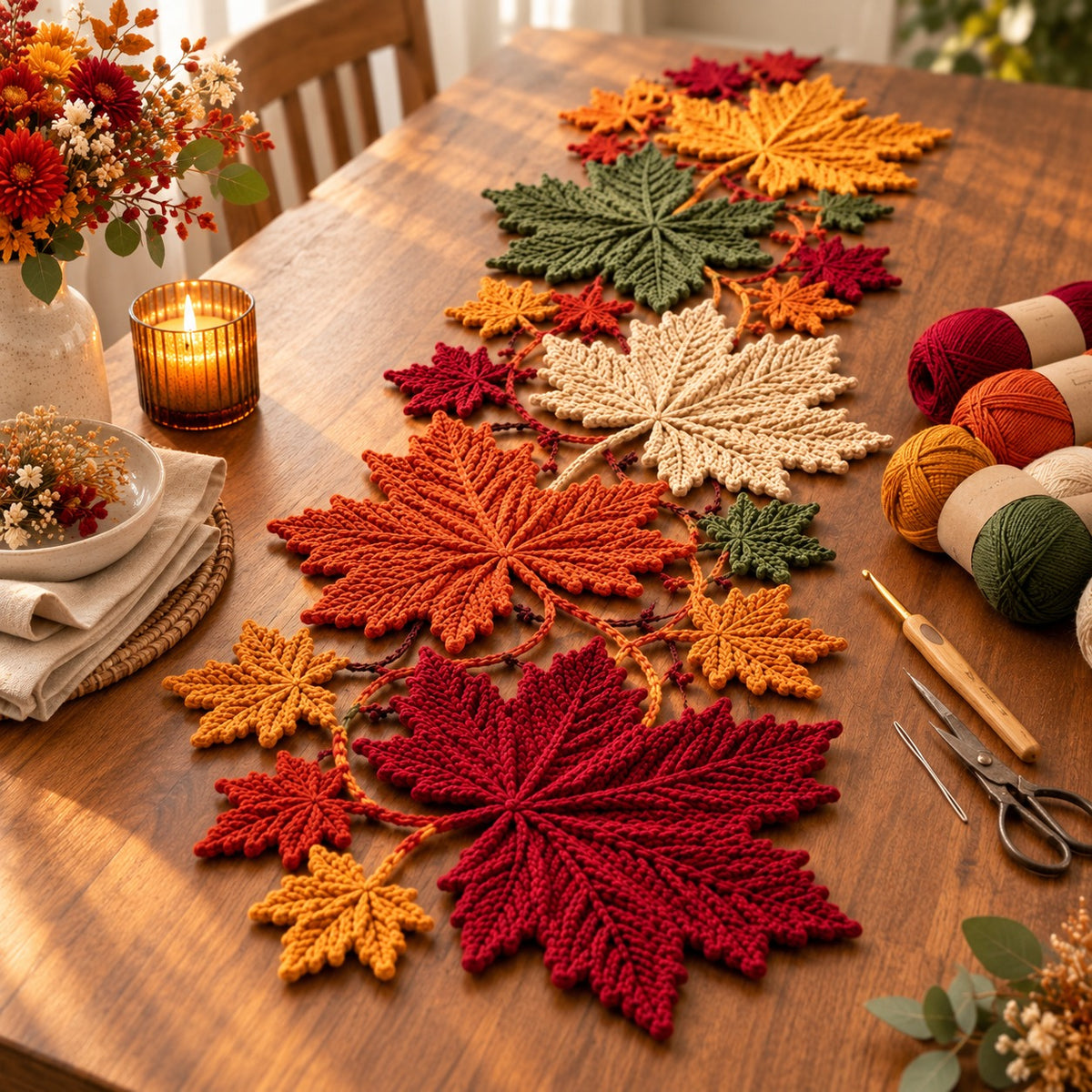 Autumn Maple Leaf Table Runner Crochet Pattern – Botanical Fall Decor PDF