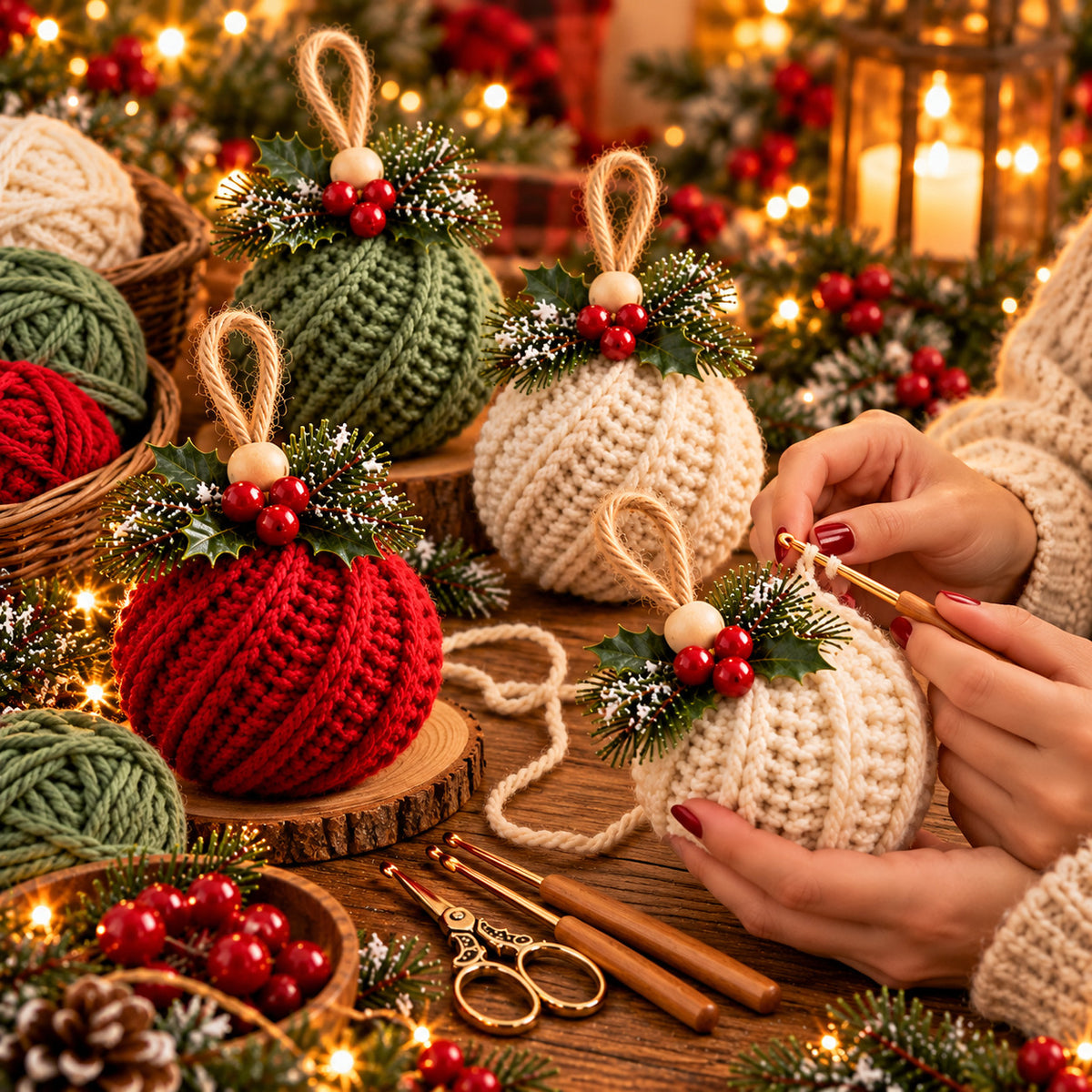 Crochet Christmas Ornament Pattern PDF – Twisted-Rib Bauble, Wooden Bead & Linen Bow