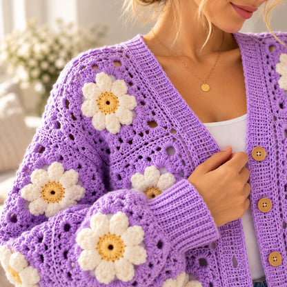 Lavender Daisy Granny Square Cardigan Crochet Pattern PDF – XS–5XL