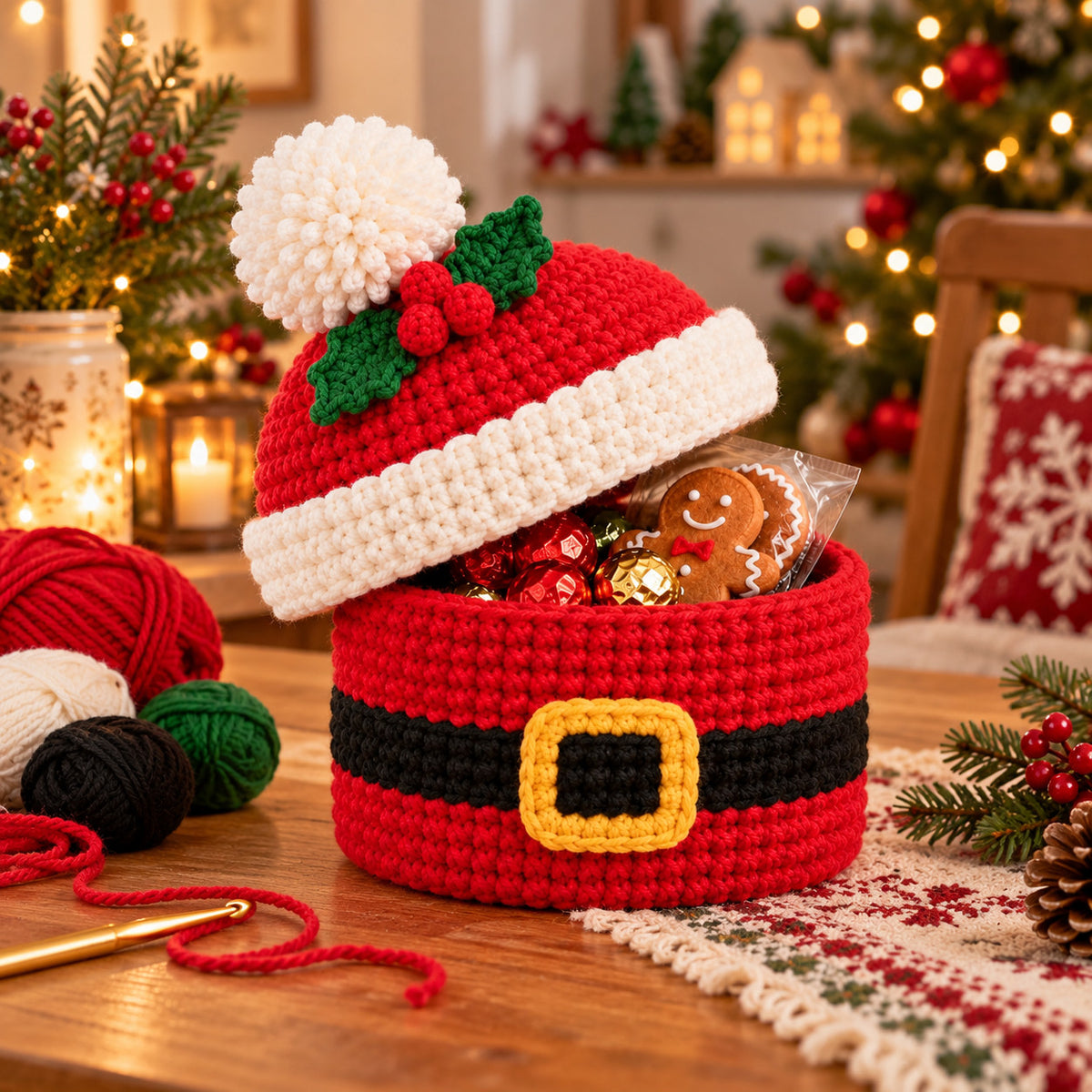 Crochet Santa Gift Basket Pattern PDF – Christmas Treat Basket with Hat Lid