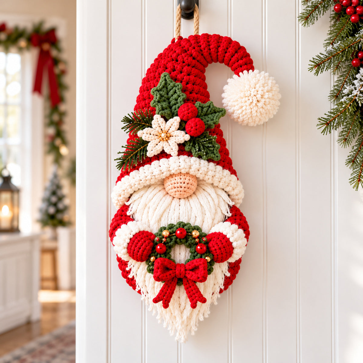 Christmas Gnome Door Hanger Crochet Pattern PDF – Mini Wreath Holiday Decor