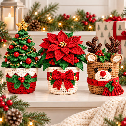 3 Christmas Crochet Pot Patterns Bundle PDF – Tree, Poinsettia & Reindeer