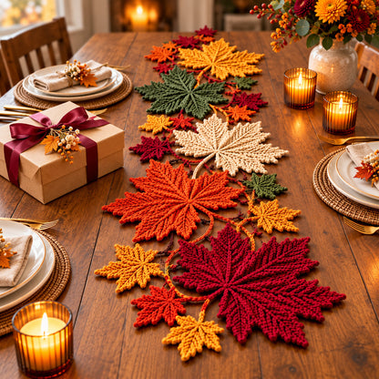 Maple Leaf Crochet Table Runner Pattern PDF – Autumn Botanical Vine Decor