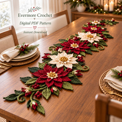 Poinsettia Snowflake Crochet Table Runner Pattern PDF – Christmas Decor