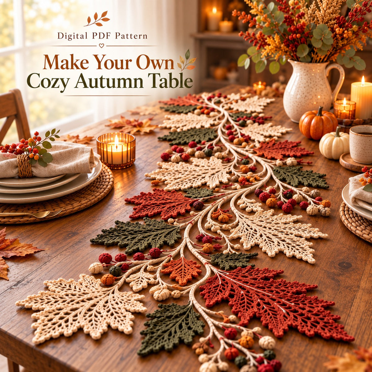 Autumn Leaf Table Runner & Coaster Set Crochet Pattern PDF – Botanical Lace