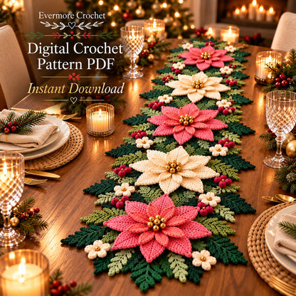Christmas Poinsettia Table Runner Crochet Pattern PDF – Photo Tutorial
