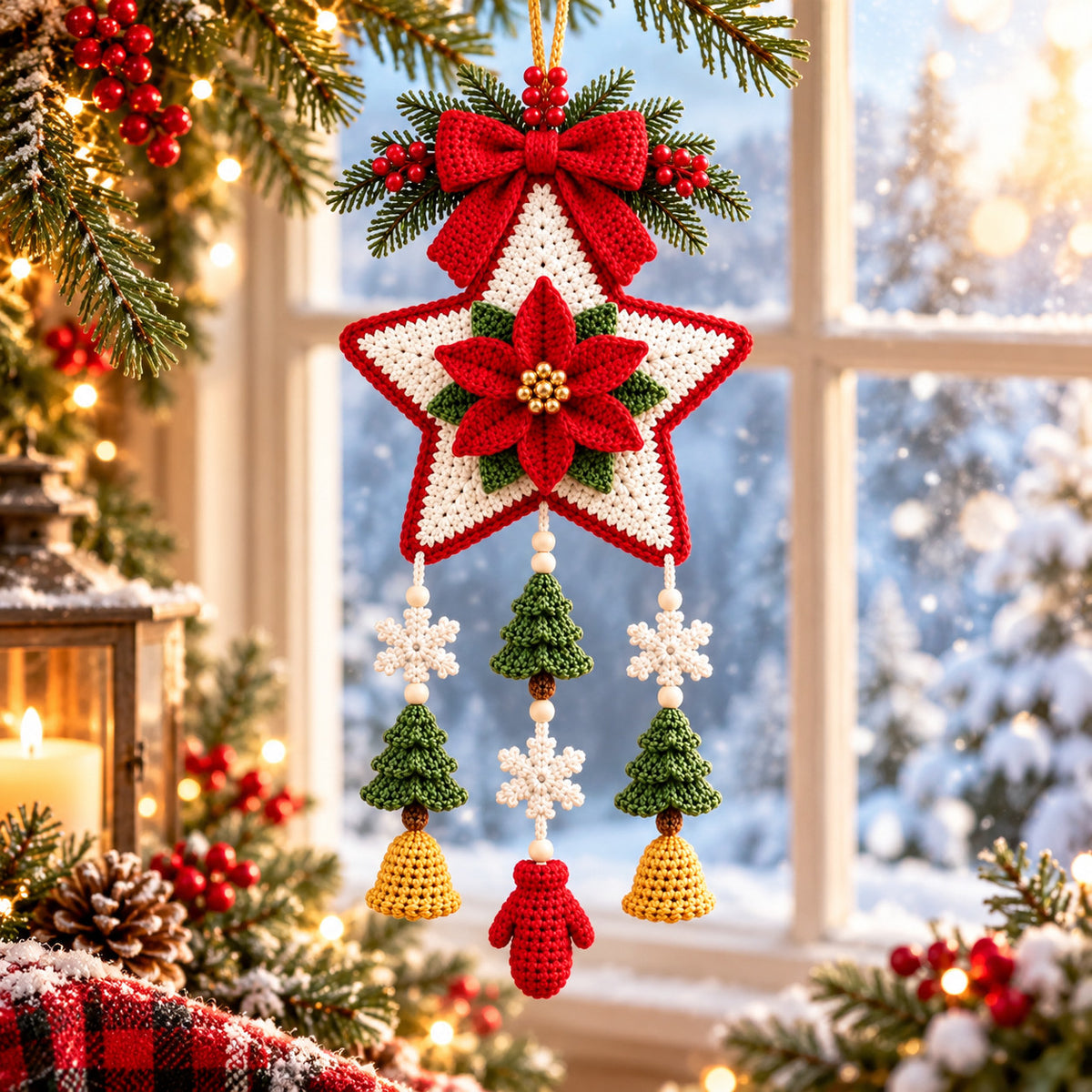 Christmas Hanging Star Ornament Crochet Pattern PDF – Poinsettia & Holiday Motifs