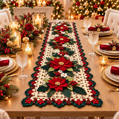 Crochet Poinsettia Table Runner Pattern – Dimensional Christmas Floral PDF