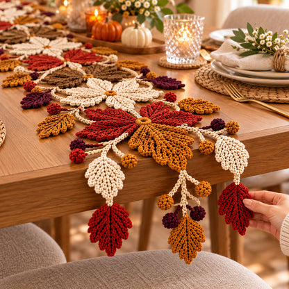 Crochet Autumn Floral Table Runner Pattern PDF | Fall Leaf & Berry Decor