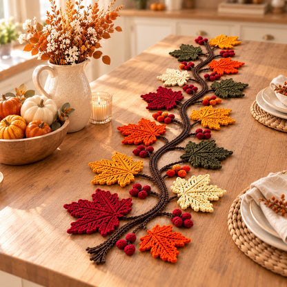 Autumn Maple Leaf Table Runner Crochet Pattern PDF – Fall Vine & Berry Decor
