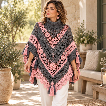 Floral Crochet Poncho Pattern PDF – Boho Cape with 3D Flowers & Tassel Fringe