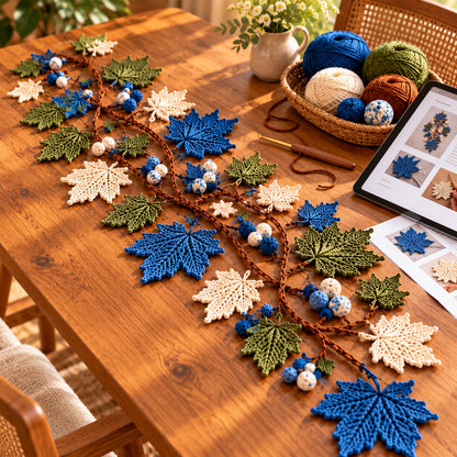 Handmade Crochet Maple Leaf Table Runner – Blue, Olive & Cream Fall Decor