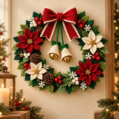 Crochet Christmas Wreath Pattern PDF – Poinsettia, Bow, Bells & Holiday Decor