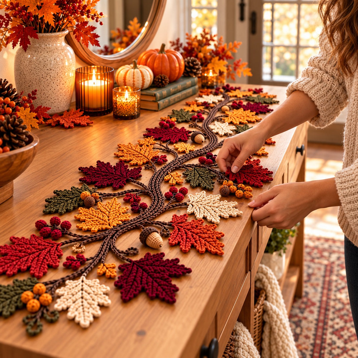 Autumn Leaf Crochet Table Runner Pattern PDF – Maple Leaves, Acorns & Vine