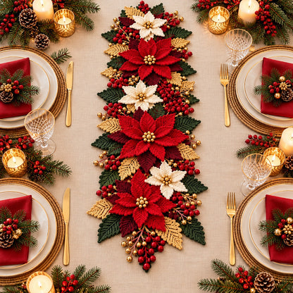 Crochet Poinsettia Table Runner Pattern PDF – Christmas Floral Centerpiece