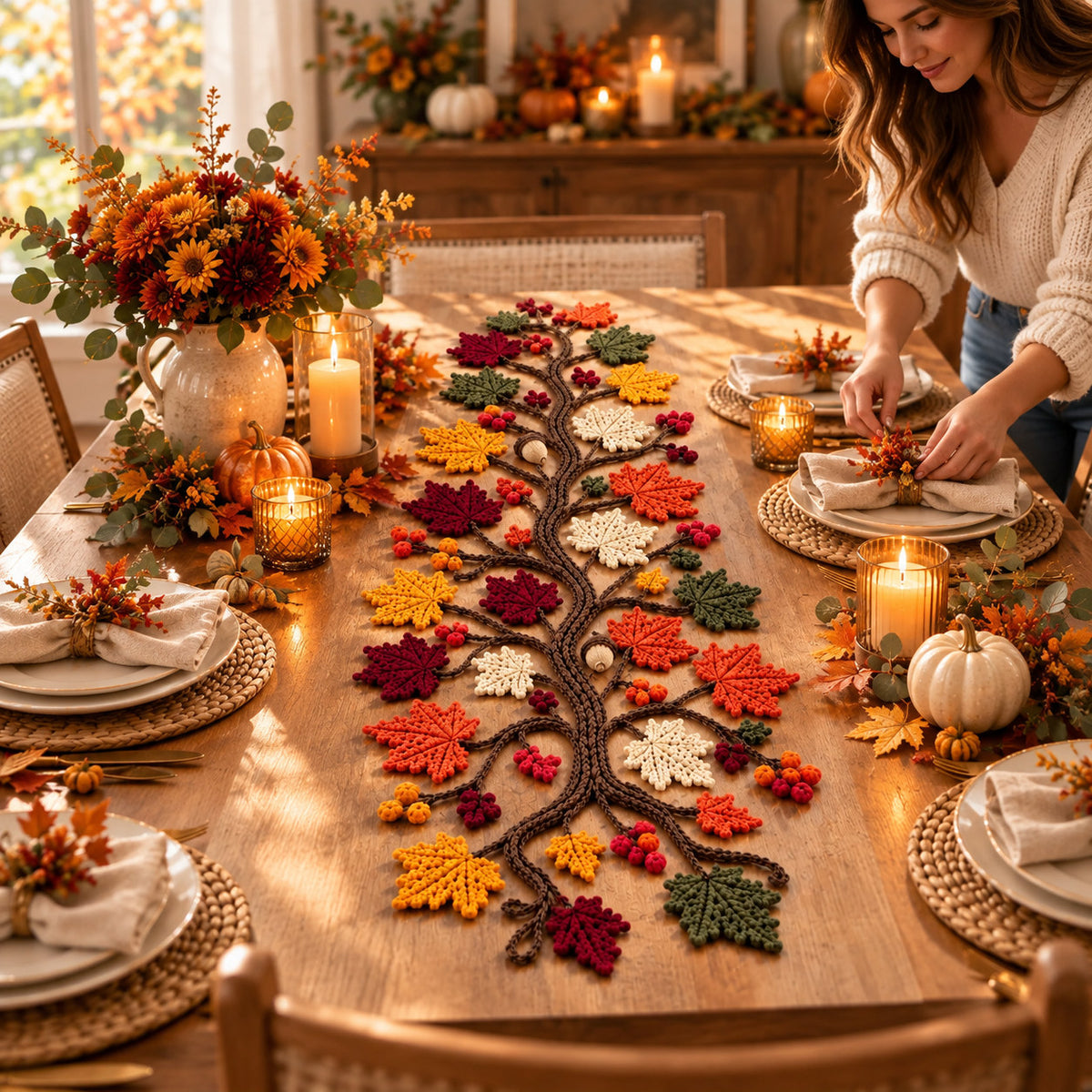 Autumn Tree Table Runner Crochet Pattern PDF – Maple Leaves, Berries & Acorns