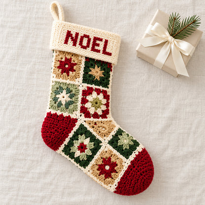 Personalized Granny Square Christmas Stocking Crochet Pattern PDF – 3 Sizes + A–Z Charts