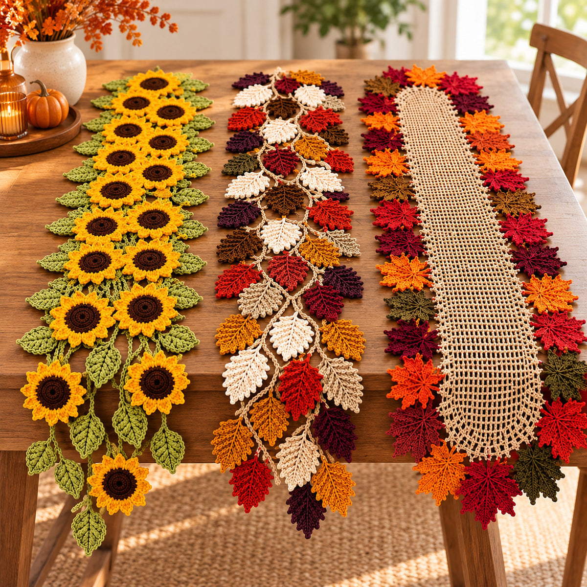 3 Crochet Table Runner Patterns Bundle PDF – Autumn Leaves & Sunflowers
