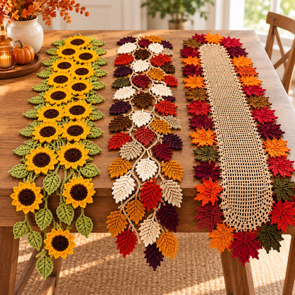 3 Crochet Table Runner Patterns Bundle PDF – Autumn Leaves & Sunflowers