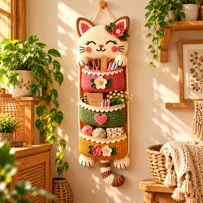 Crochet Cat Wall Organizer Pattern PDF – 3 Pocket Hanging Storage