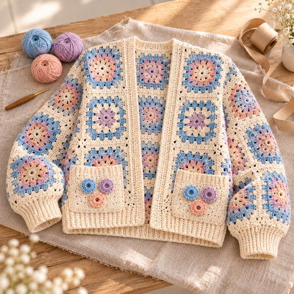 Floral Granny Square Cardigan Crochet Pattern PDF – Boho Pocket Sweater