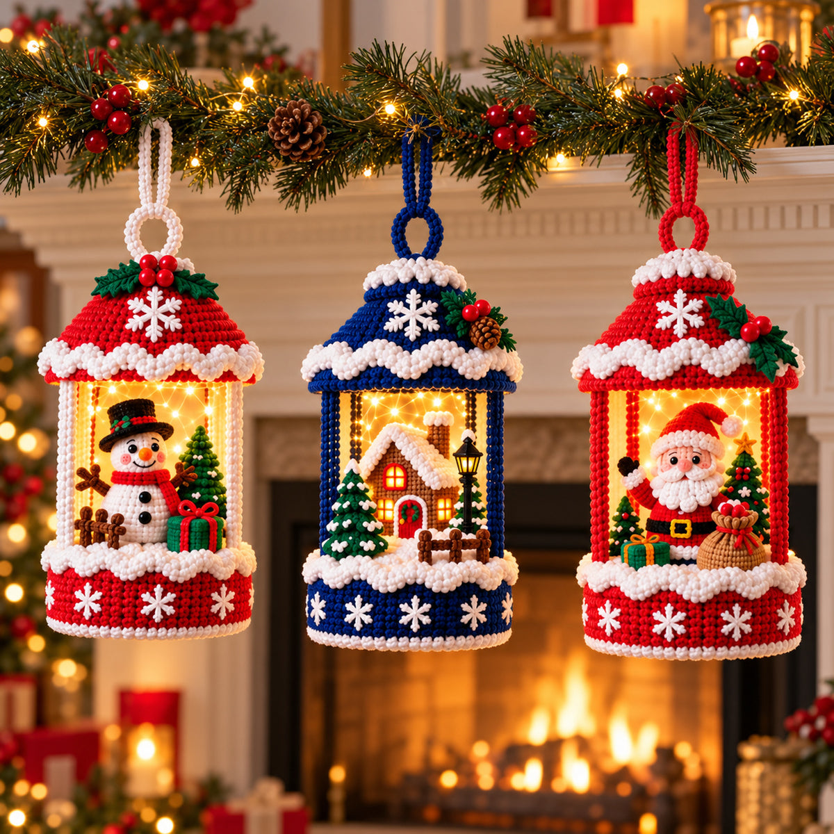 3 Christmas Lantern Crochet Patterns Bundle PDF – Snowman, Cottage & Santa