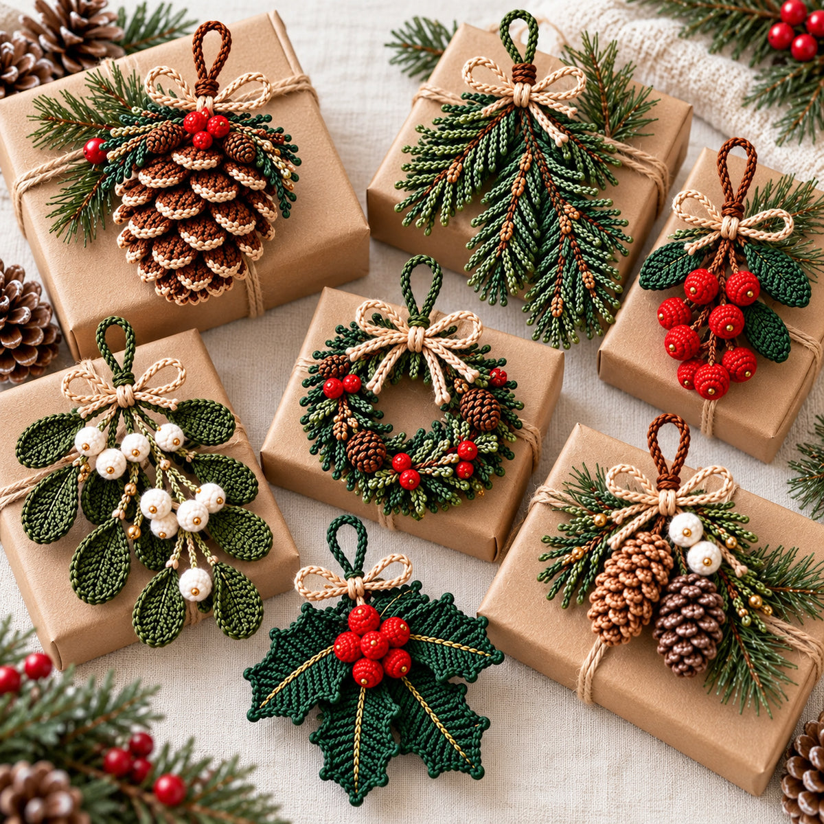 4 Christmas Ornament Crochet Patterns Bundle PDF – Pinecone, Spruce, Mistletoe & Holly