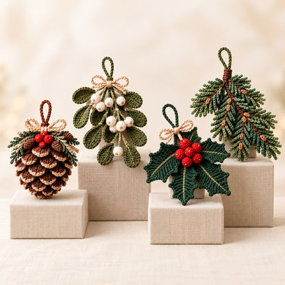 4-in-1 Christmas Botanical Ornament Crochet Pattern Bundle PDF – Pinecone, Spruce, Mistletoe & Holly