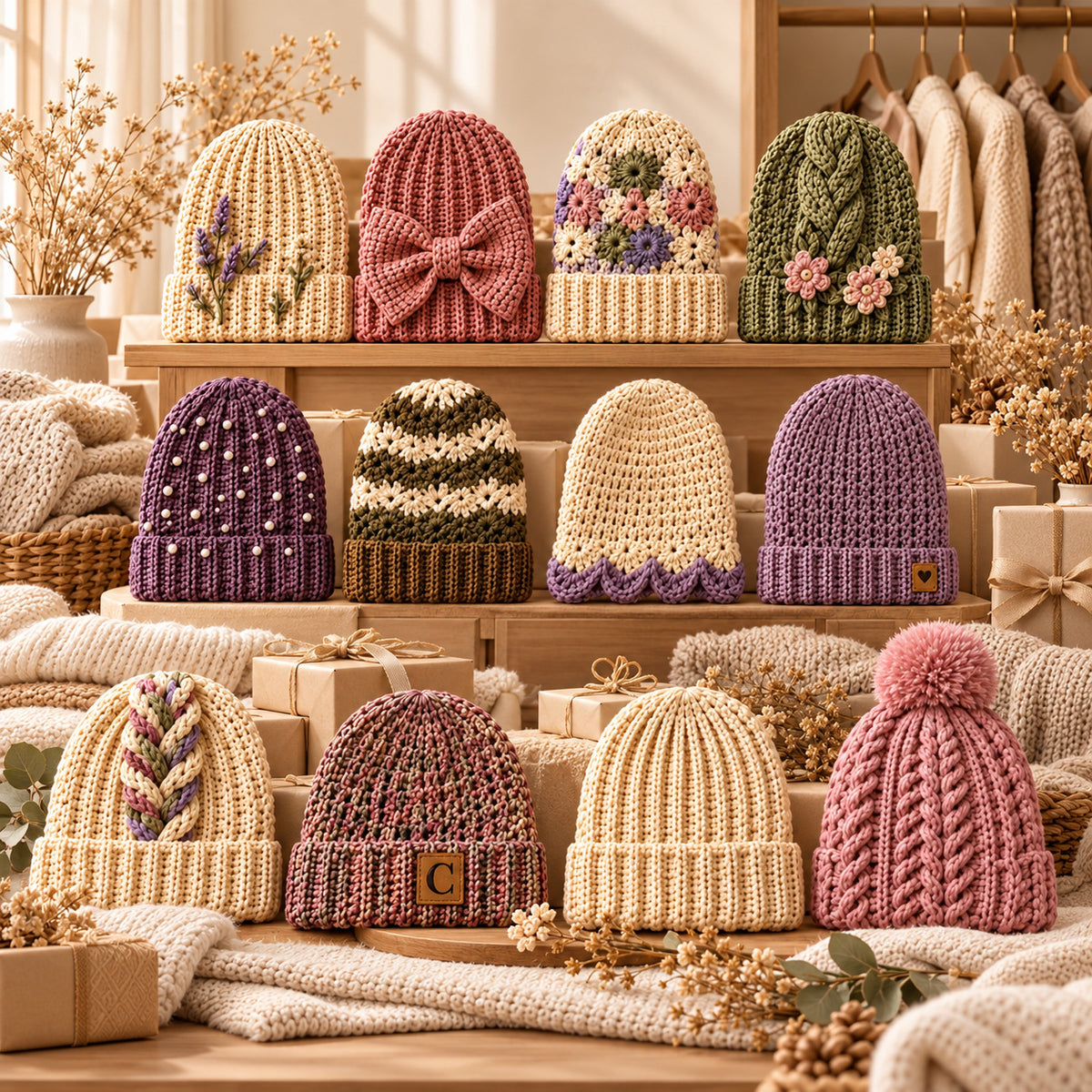 12 Crochet Beanie Patterns Bundle PDF – Modern Winter Hats, Bow, Floral & Chunky