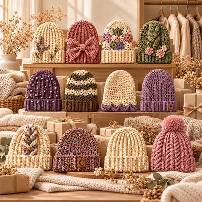 12 Crochet Beanie Patterns Bundle PDF – Modern Winter Hats, Bow, Floral & Chunky