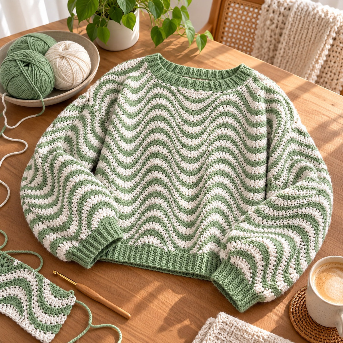 Wavy Striped Sweater Crochet Pattern PDF – Oversized Women’s Pullover