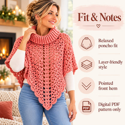 Turtleneck Poncho Crochet Pattern PDF – Cozy Lace Poncho with Pointed Hem