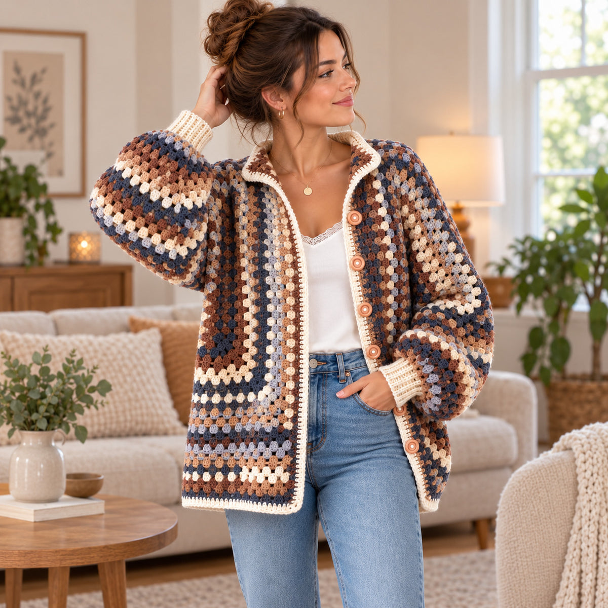 Granny Square Cardigan Crochet Pattern PDF – Oversized Boho Sweater XS–XXL